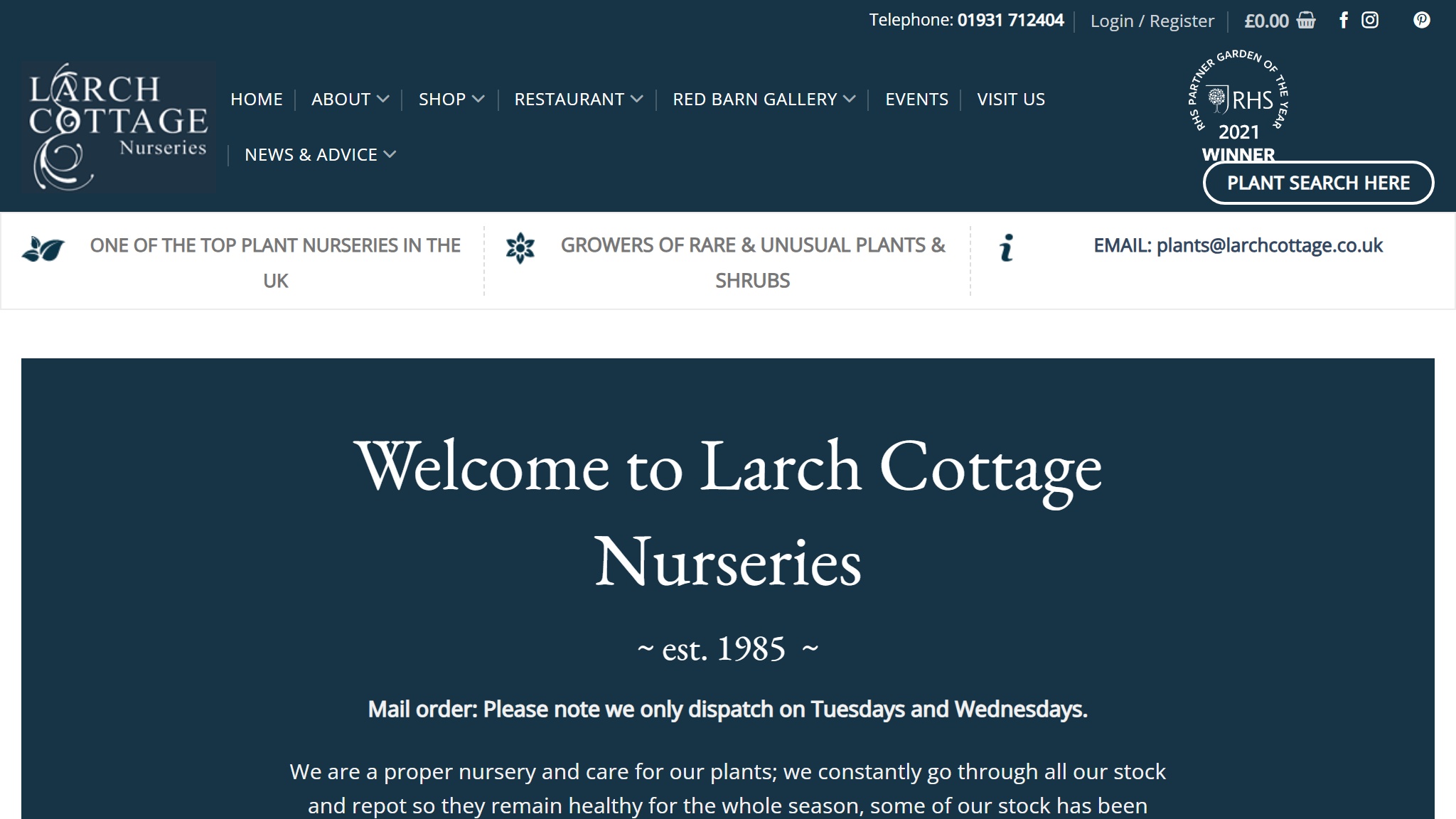 Screenshot of Larch Cottage Nurseries website — built by MOTS Technologies