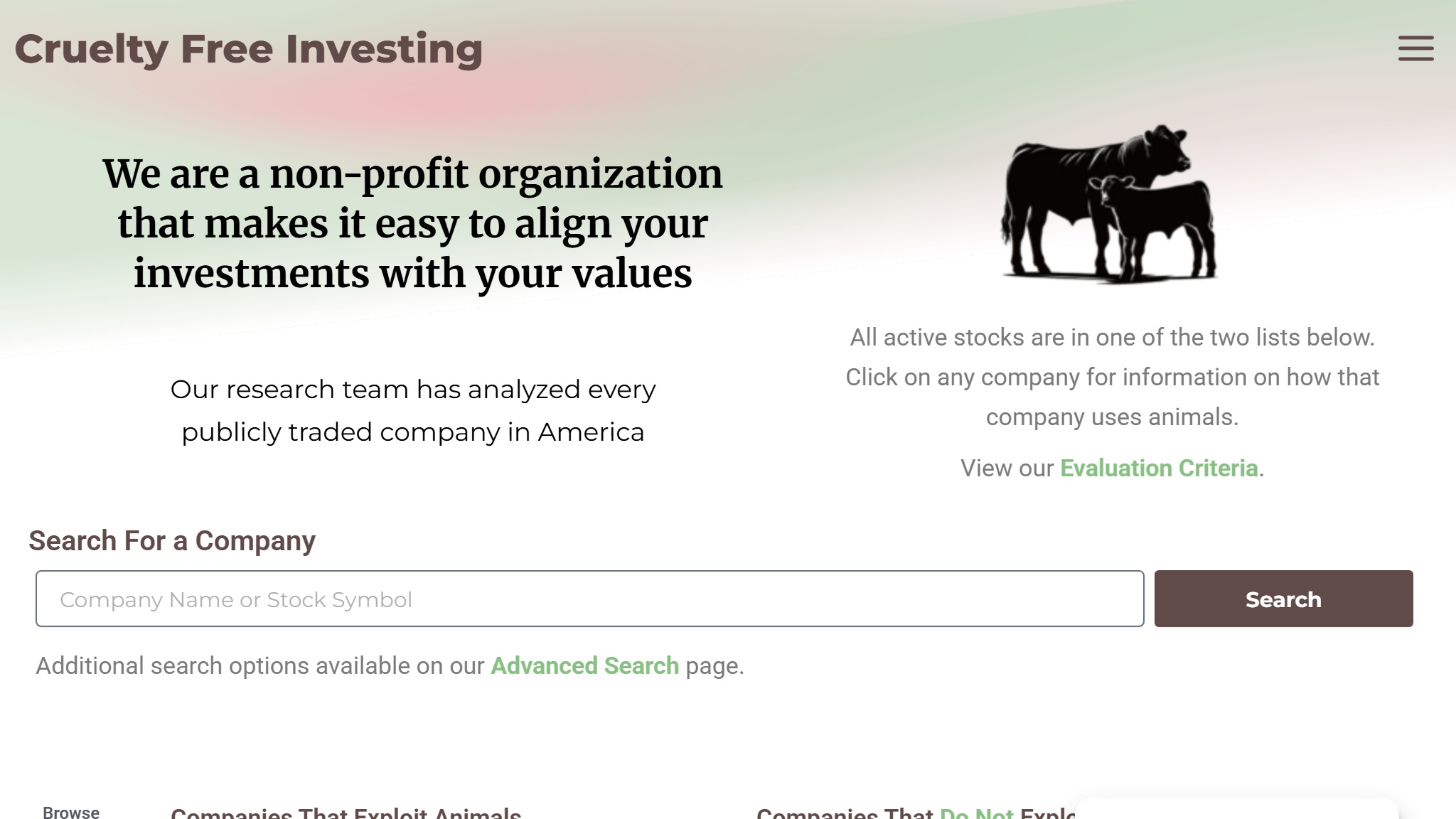Screenshot of Cruelty Free Investing website — built by MOTS Technologies
