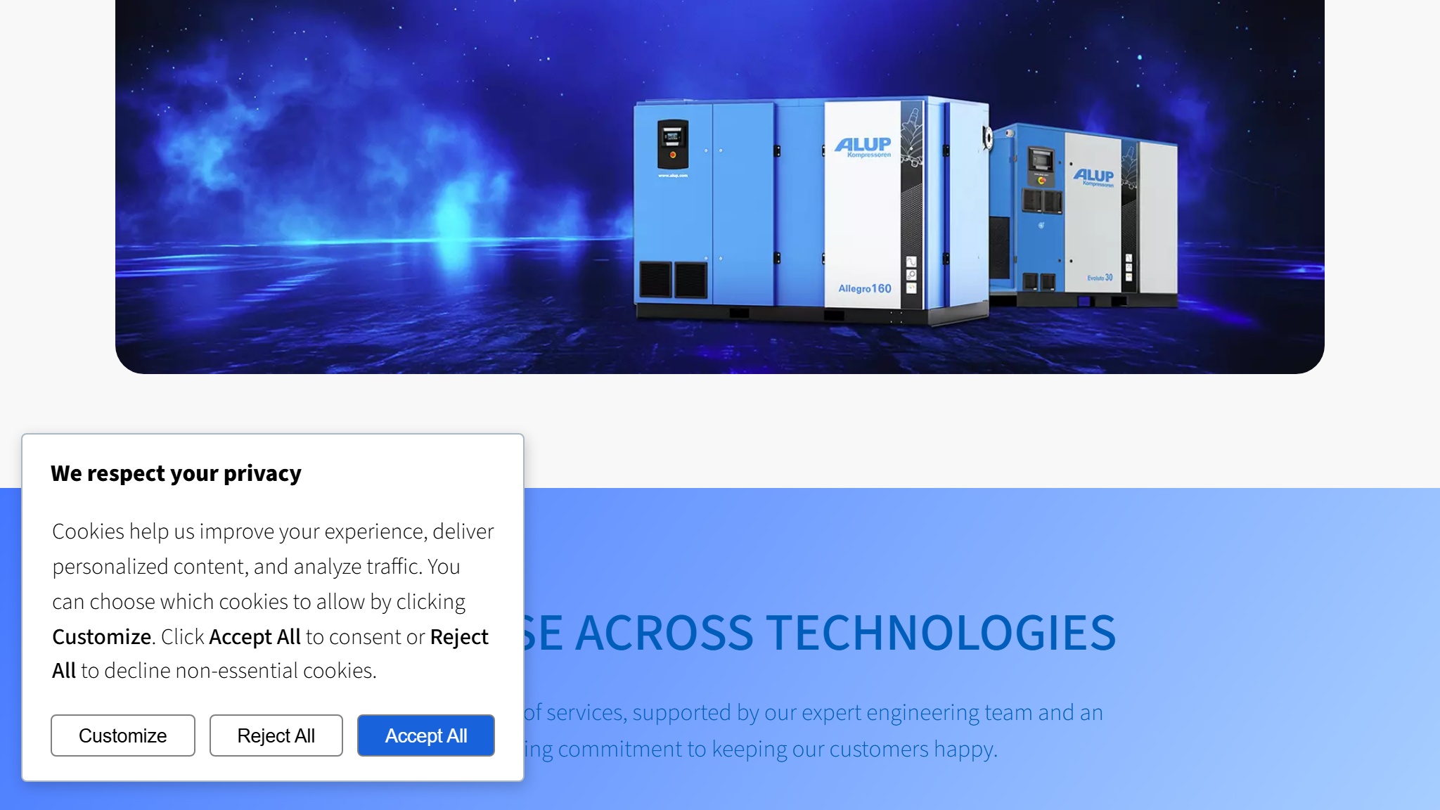 Ace Compressors website scrolled view — built by MOTS Technologies