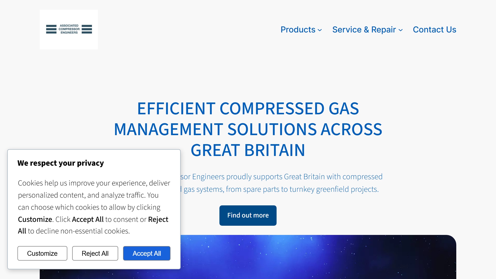 Screenshot of Ace Compressors website — built by MOTS Technologies